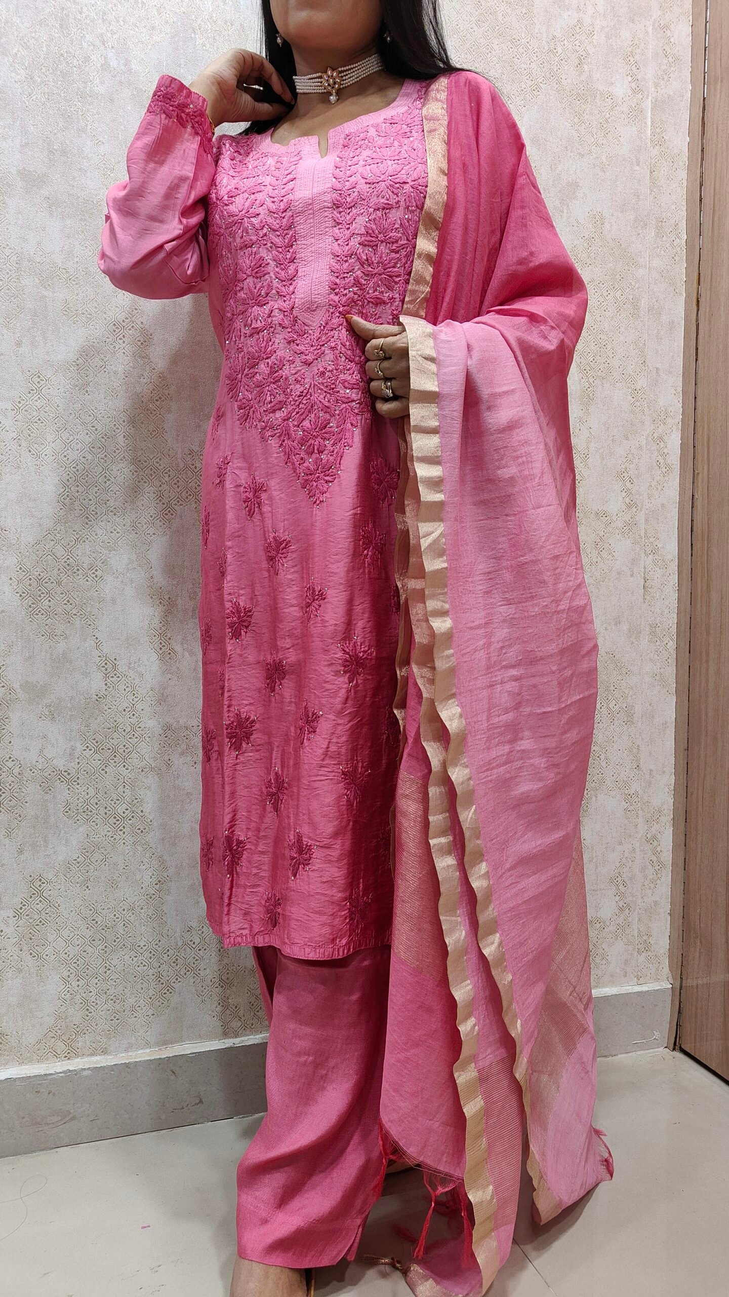 Pure Banarasi Chanderi Kurta and Pant Set with Mukaish Work. - Image 6