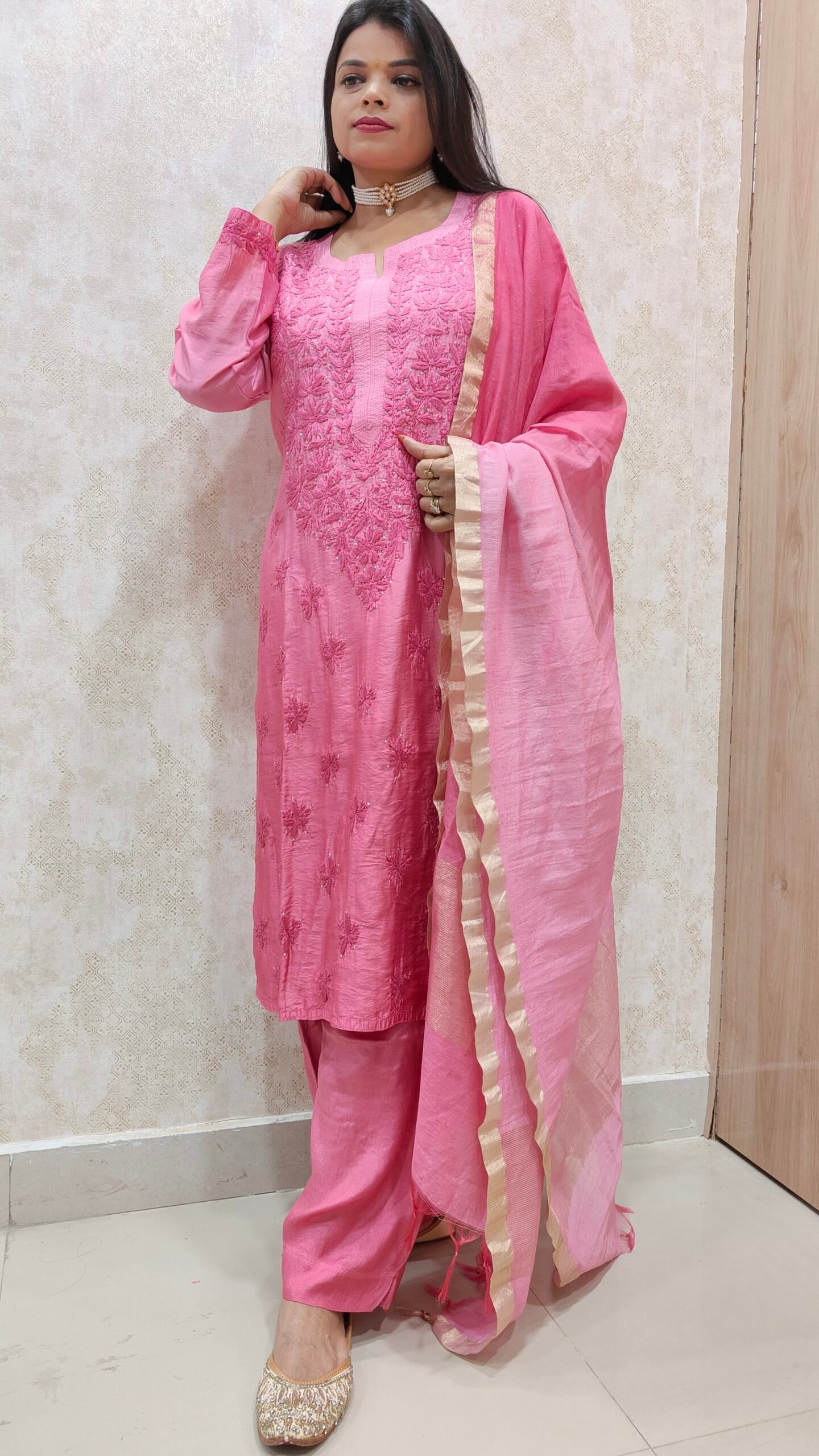 Pure Banarasi Chanderi Kurta and Pant Set with Mukaish Work. - Image 3