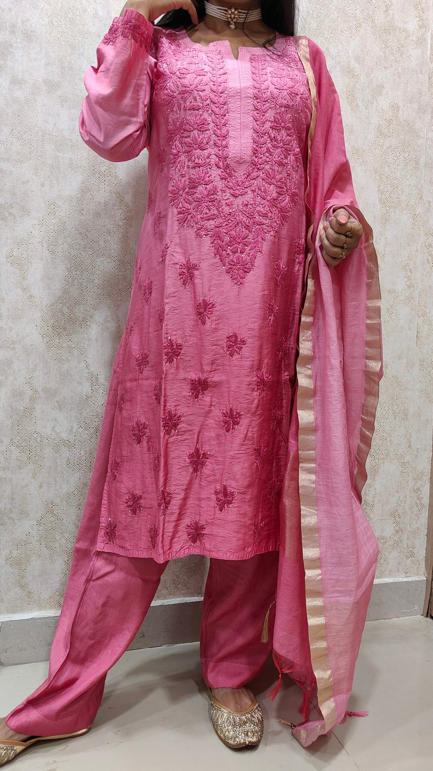 Pure Banarasi Chanderi Kurta and Pant Set with Mukaish Work. - Image 5