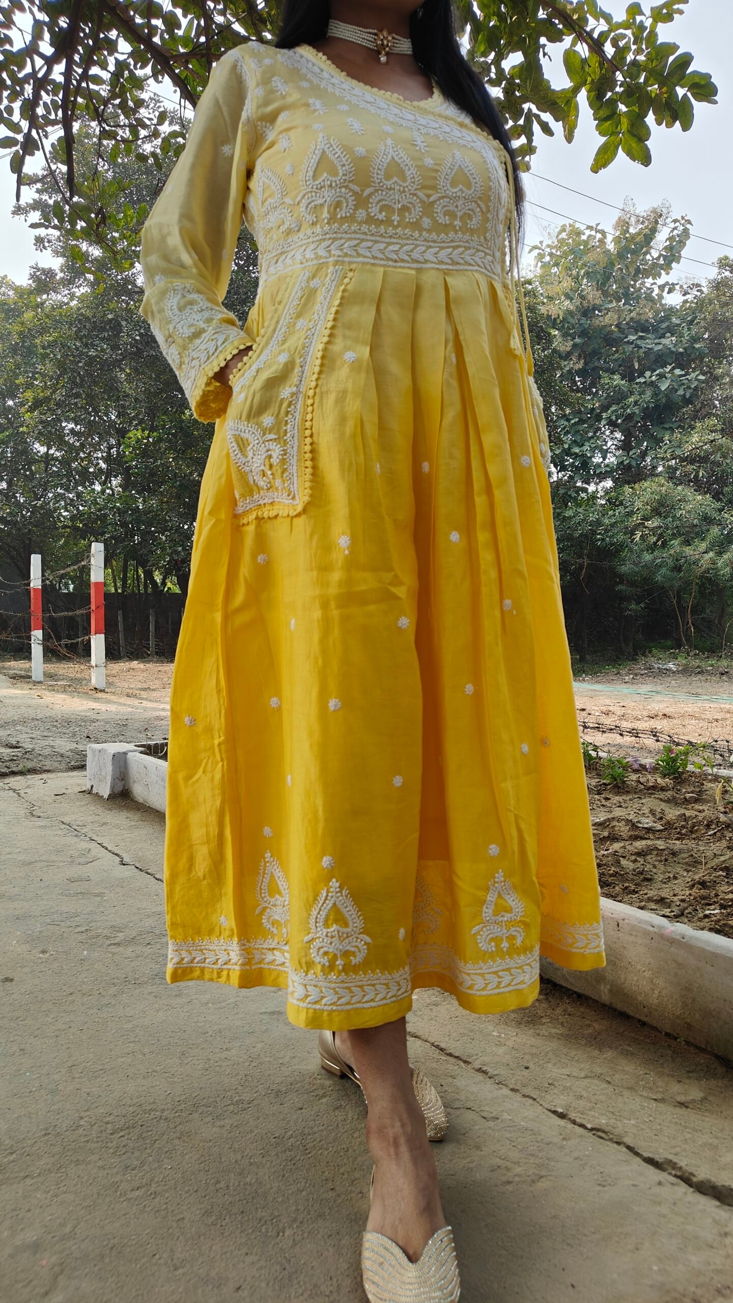 Pure Banarasi Chanderi Pocket Gown. Angrakha Pattern. - Image 9