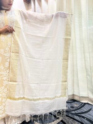 Pure Banarasi Chanderi Dupatta with Zari Border and Chikankari Work.