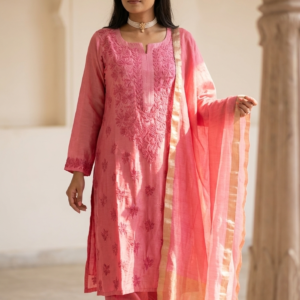Pure Banarasi Chanderi Kurta and Pant Set with Mukaish Work.