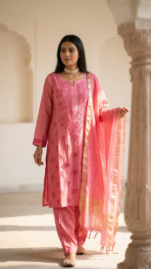 Pure Banarasi Chanderi Kurta and Pant Set with Mukaish Work.