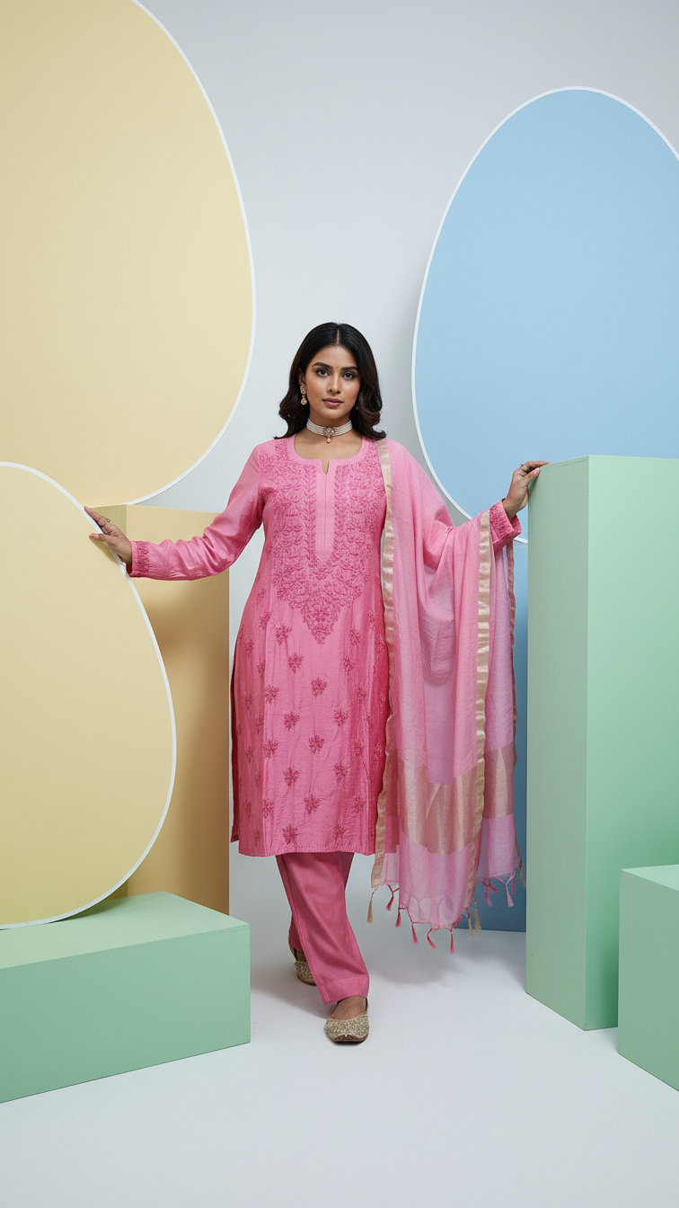 Pure Banarasi Chanderi Kurta and Pant Set with Mukaish Work. - Image 2