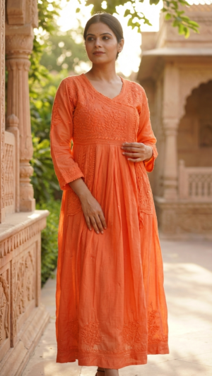 Pure Muslin Pocket Gown with Mukaish Work