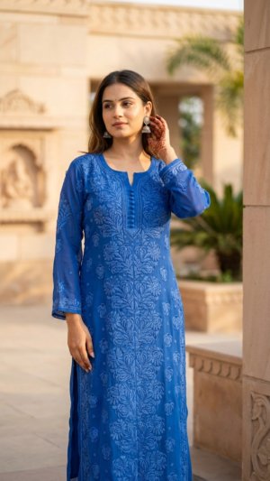 Pure Viscose Kurti with Heavy Panel Chikankari Work.