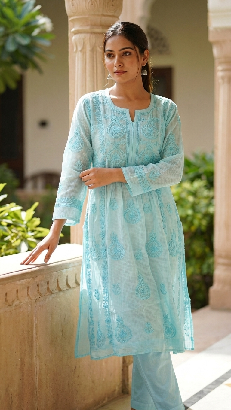 Pure Kota Doria Kurta with Handcrafted Chikankari Work.