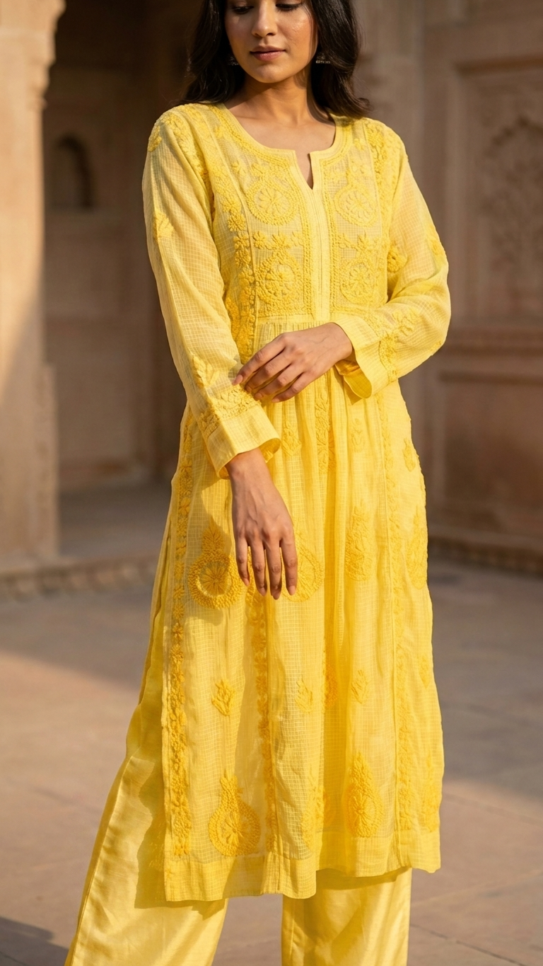 Pure Kota Doria Kurta with Handcrafted Chikankari Work. - Image 2