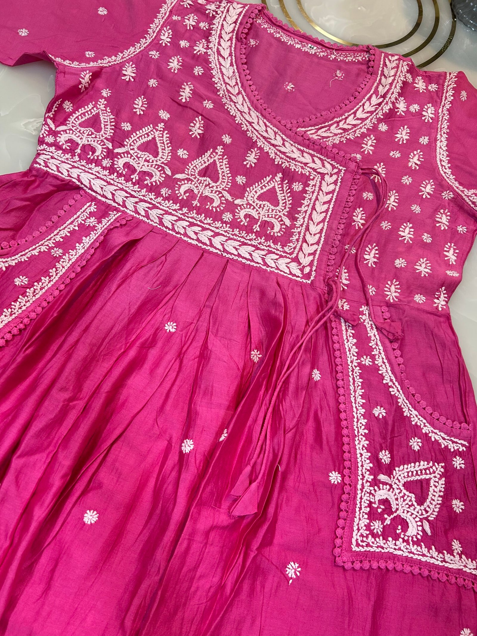 Pure Banarasi Chanderi Pocket Gown. Angrakha Pattern. - Image 3