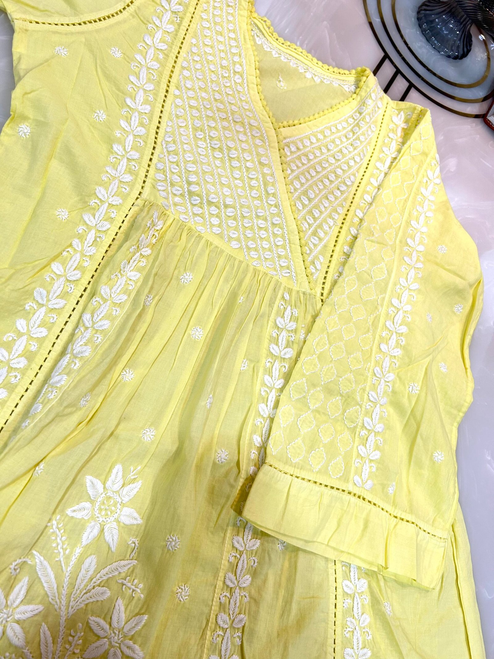 Pure Cotton Angrakha Kurta and Bottom Set - Lemon Yellow. - Image 2