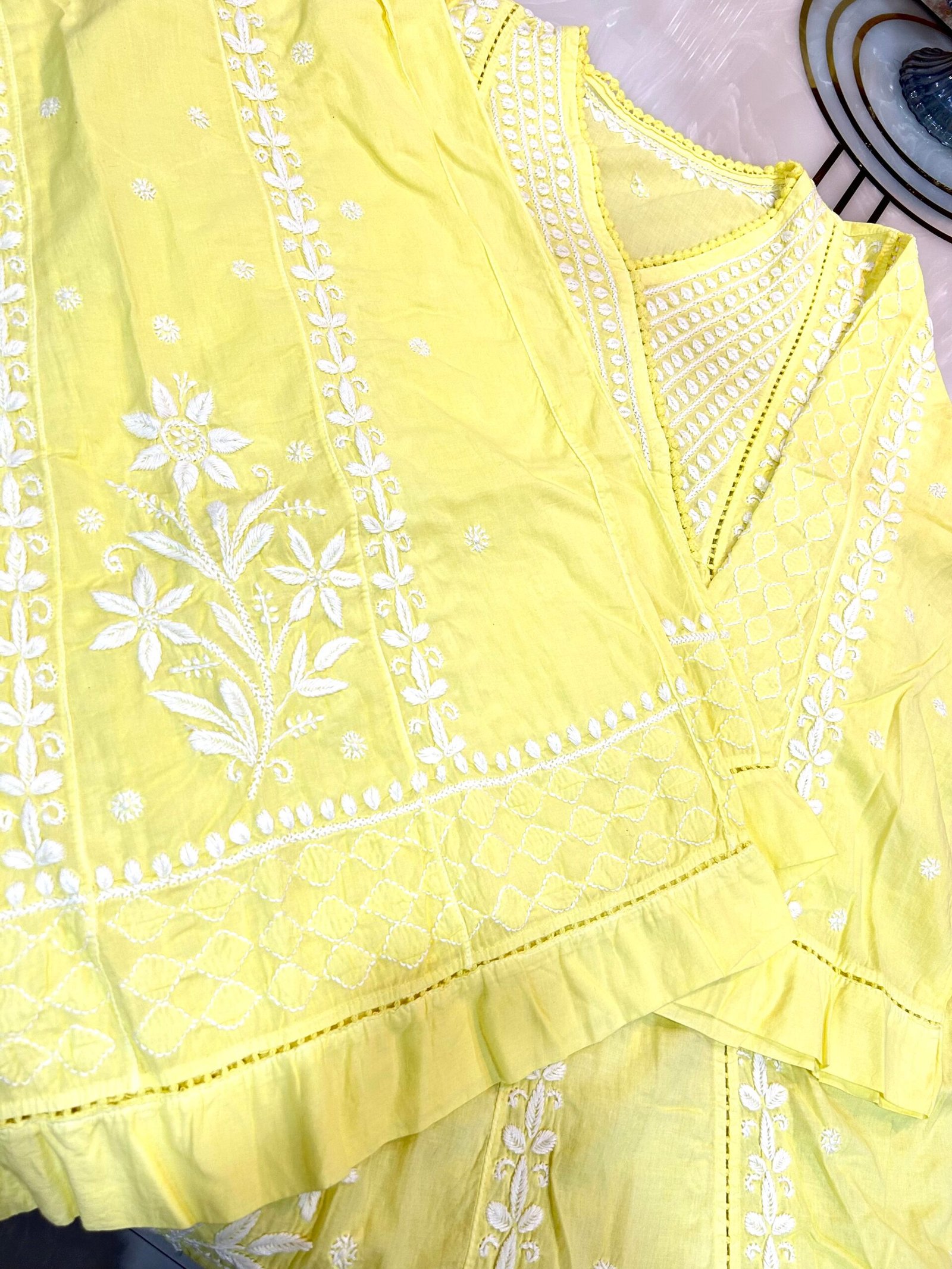 Pure Cotton Angrakha Kurta and Bottom Set - Lemon Yellow. - Image 3