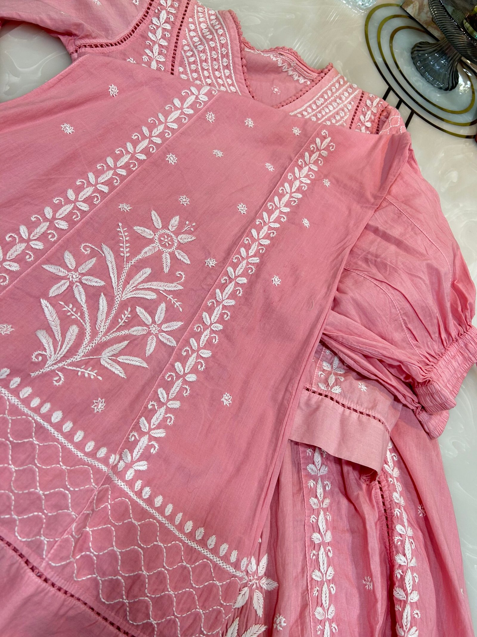 Pure Cotton Angrakha Kurta and Bottom Set. - Dusty Pink. - Image 2