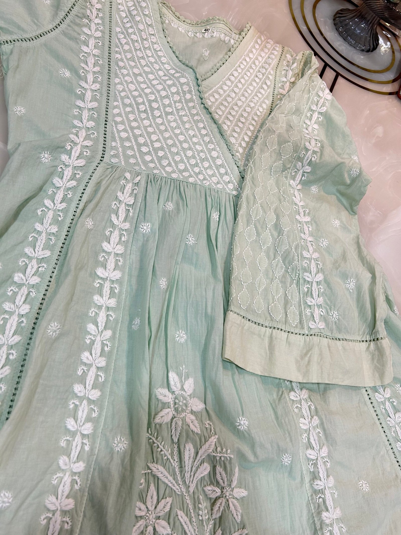 Pure Cotton Angrakha Kurta and Bottom Set - Mint Green. - Image 4
