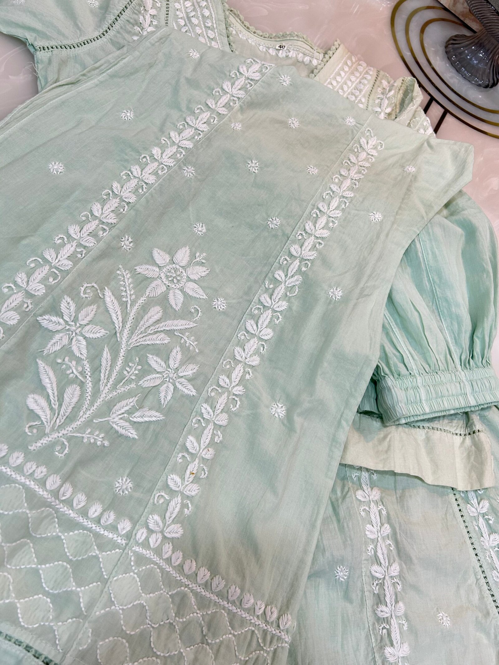Pure Cotton Angrakha Kurta and Bottom Set - Mint Green. - Image 3