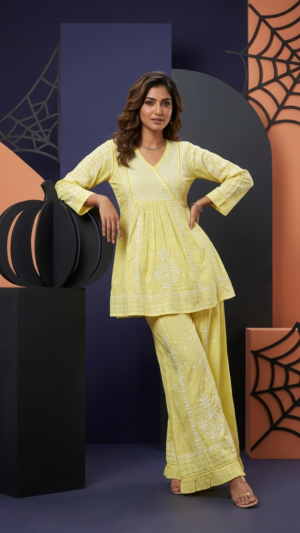 Pure Cotton Angrakha Kurta and Bottom Set - Lemon Yellow.