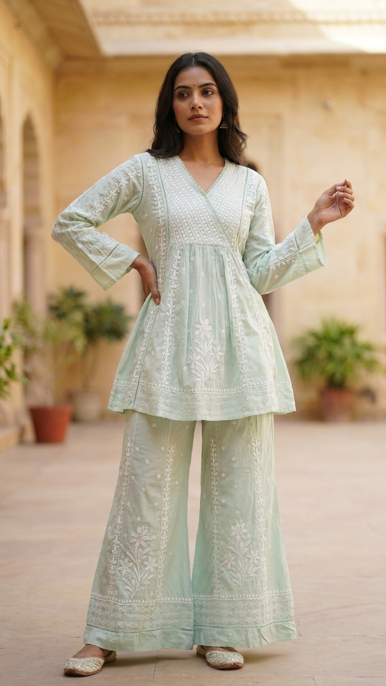 Pure Cotton Angrakha Kurta and Bottom Set - Mint Green.