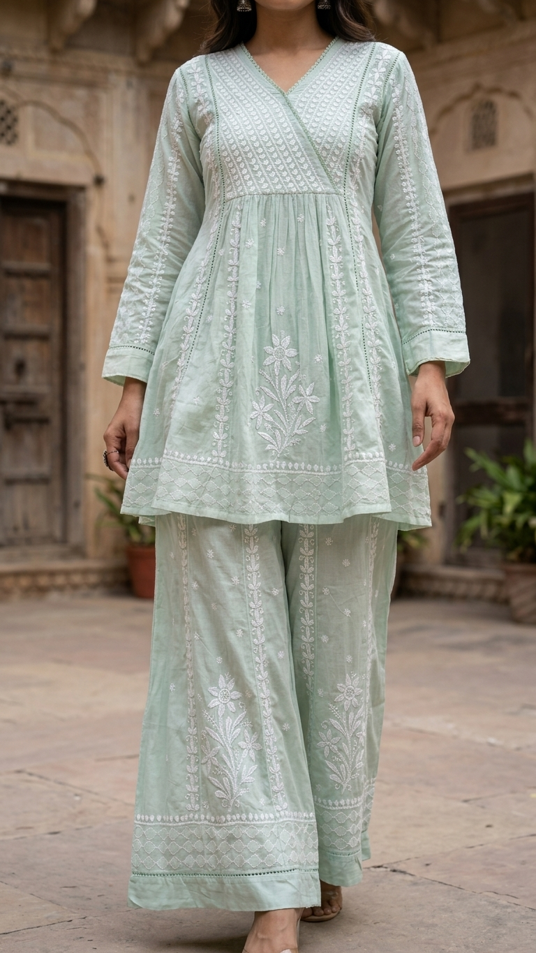 Pure Cotton Angrakha Kurta and Bottom Set - Mint Green. - Image 2