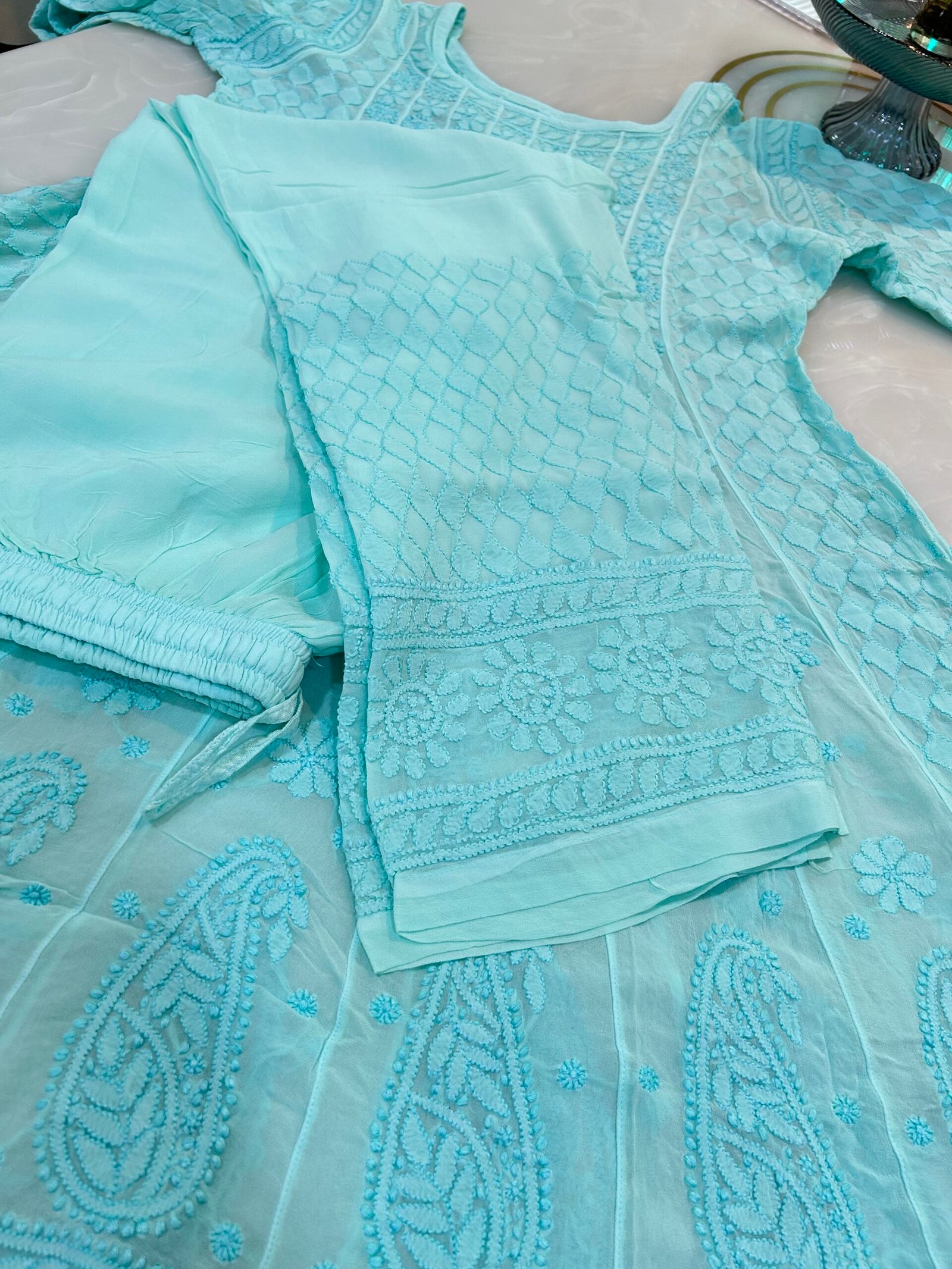 Pure Viscose Short Anarkali Set. Heavy Shadow Work. - Image 3