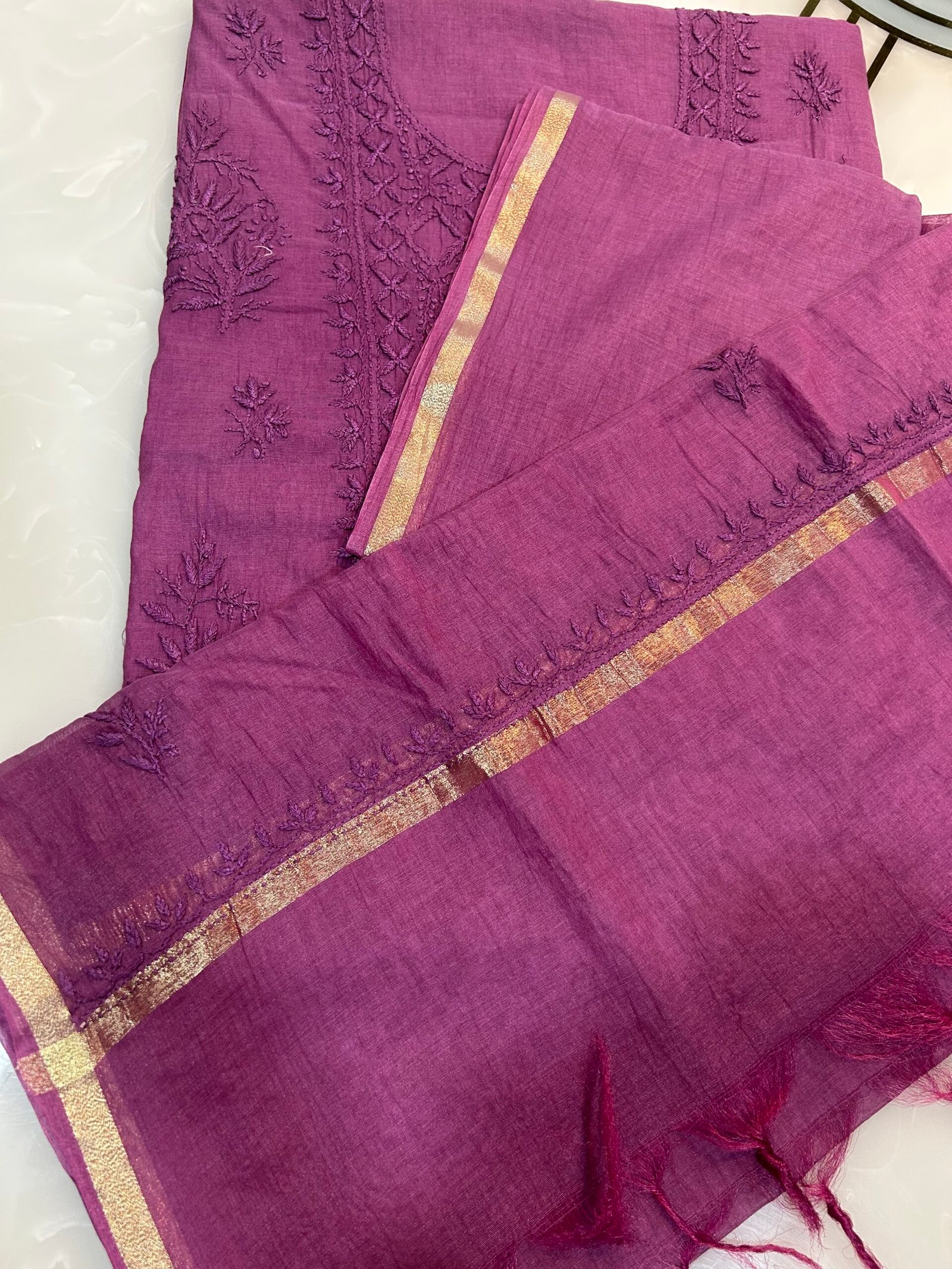 Pure Mul Chanderi Centre Work Kurta Fabric and Dupatta Set. - Image 2
