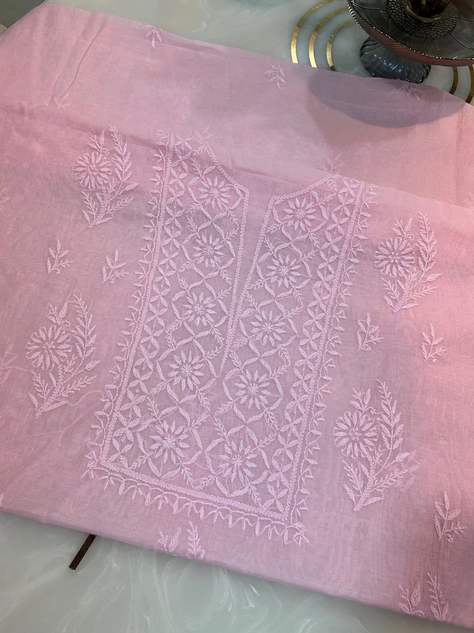 Pure Mul Chanderi Centre Work Kurta Fabric and Dupatta Set.