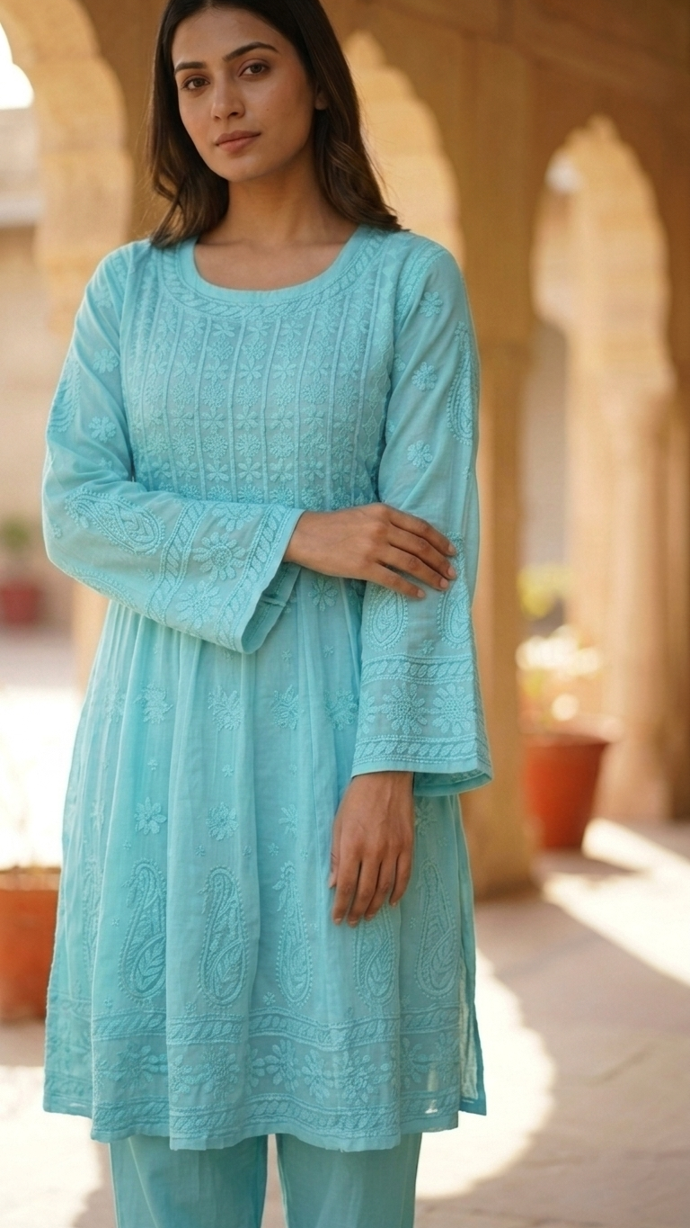 Pure Viscose Short Anarkali Set. Heavy Shadow Work. - Image 5
