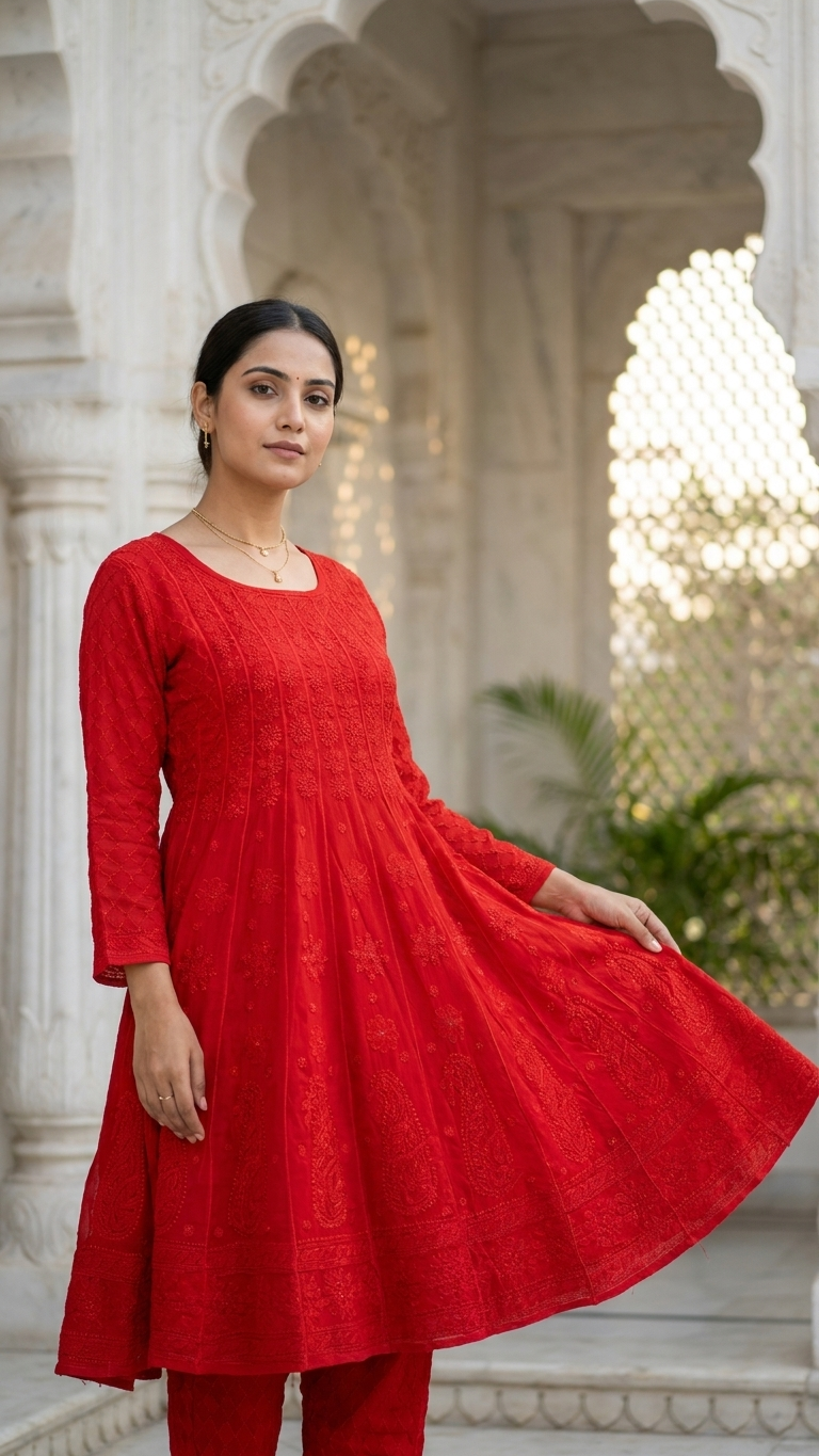 Pure Viscose Short Anarkali Set. Heavy Shadow Work.