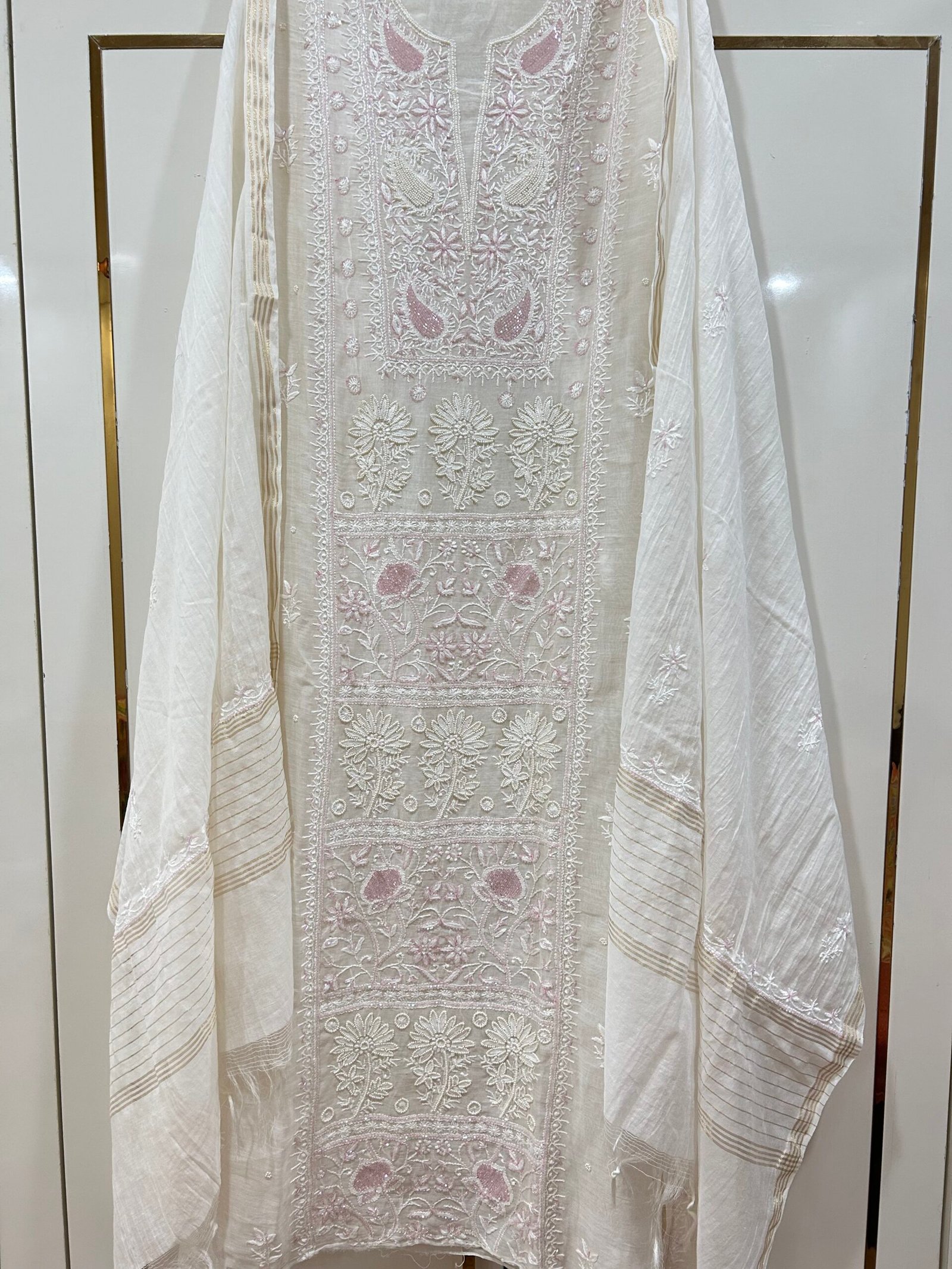 Pure Mul Chanderi Kurta Fabric and Dupatta Set. - Image 2
