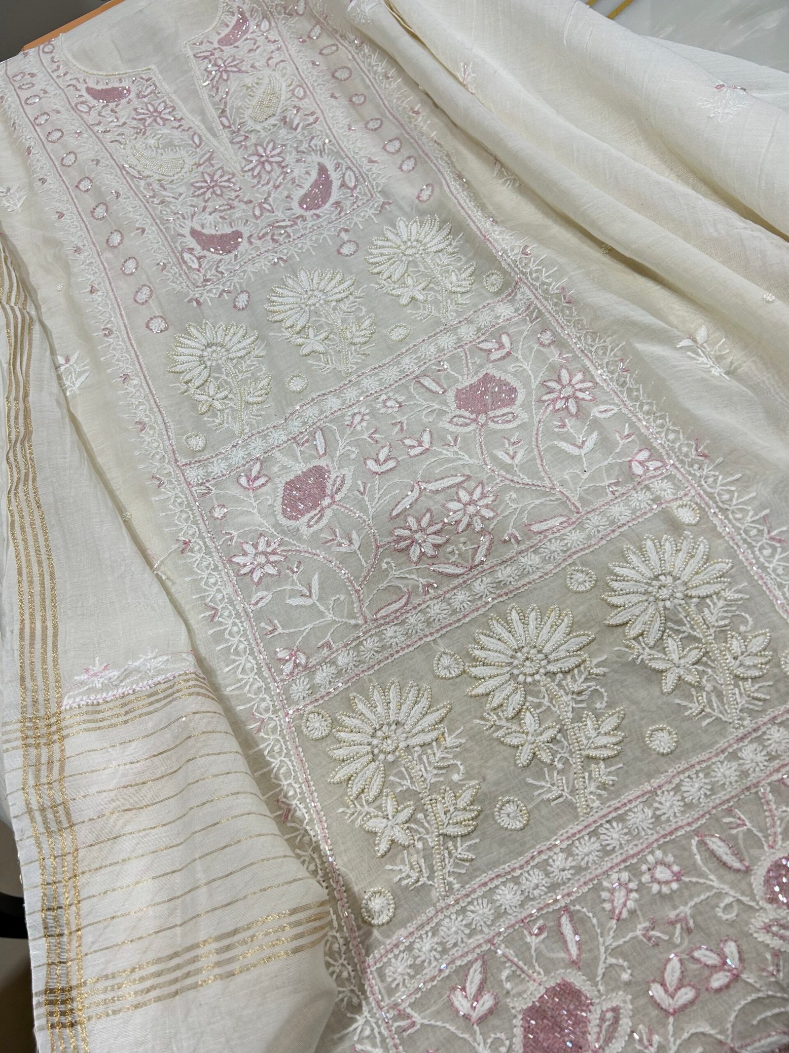 Pure Mul Chanderi Kurta Fabric and Dupatta Set. - Image 6