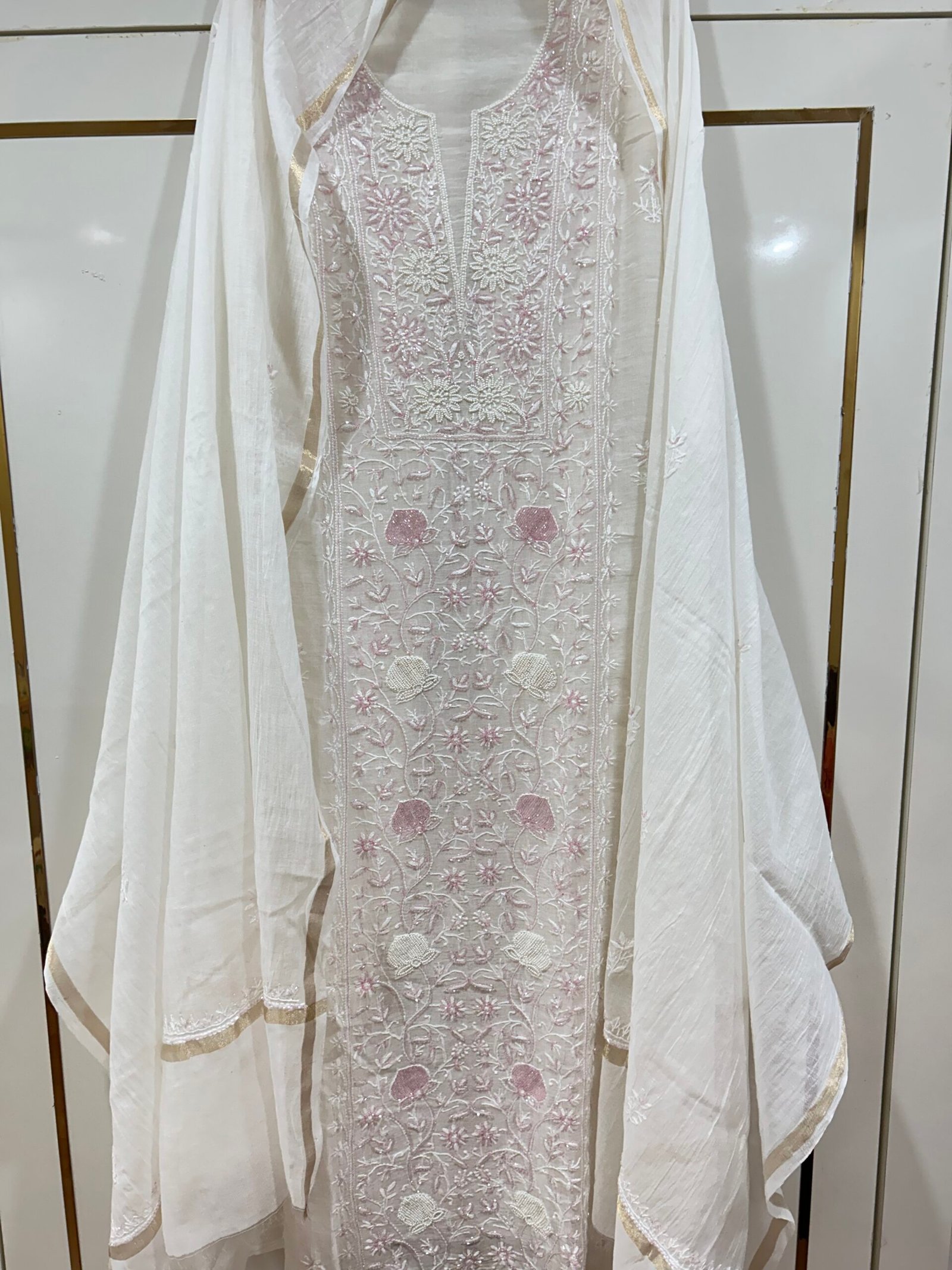 Pure Mul Chanderi Kurta Fabric and Dupatta Set. - Image 2