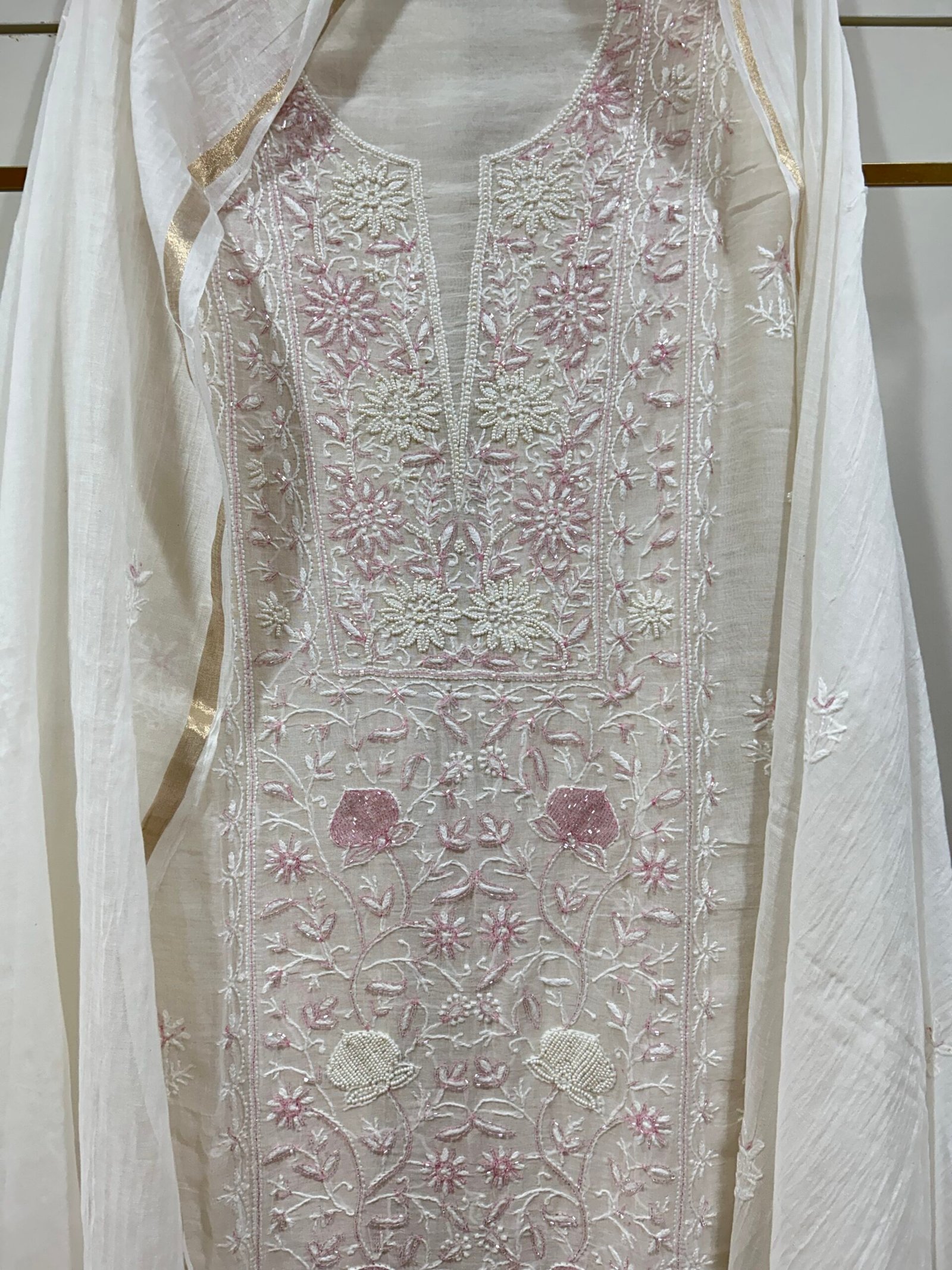 Pure Mul Chanderi Kurta Fabric and Dupatta Set. - Image 3