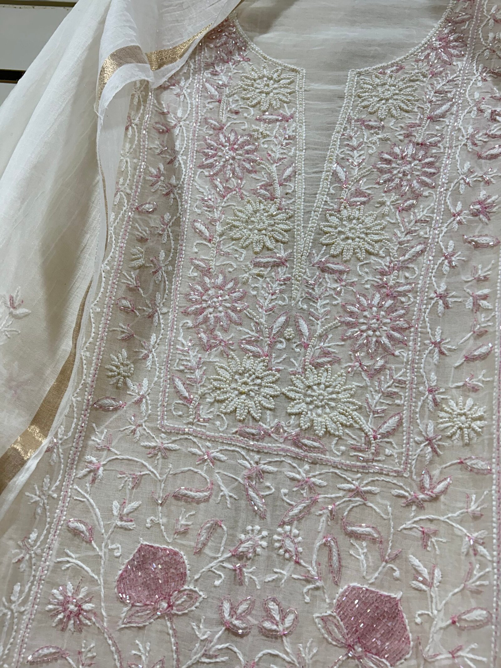 Pure Mul Chanderi Kurta Fabric and Dupatta Set. - Image 4