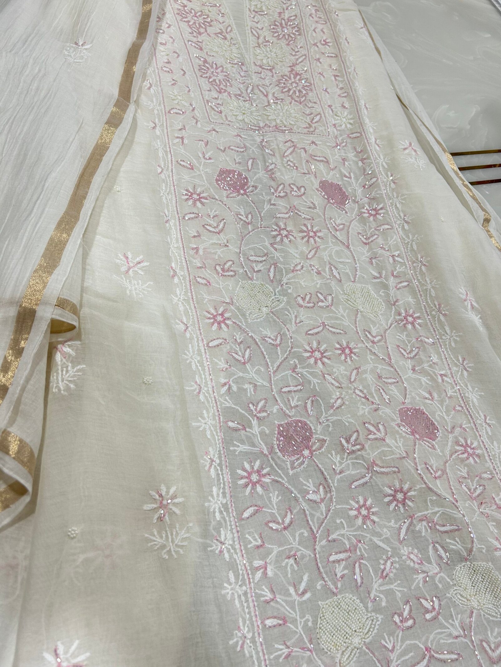 Pure Mul Chanderi Kurta Fabric and Dupatta Set. - Image 6