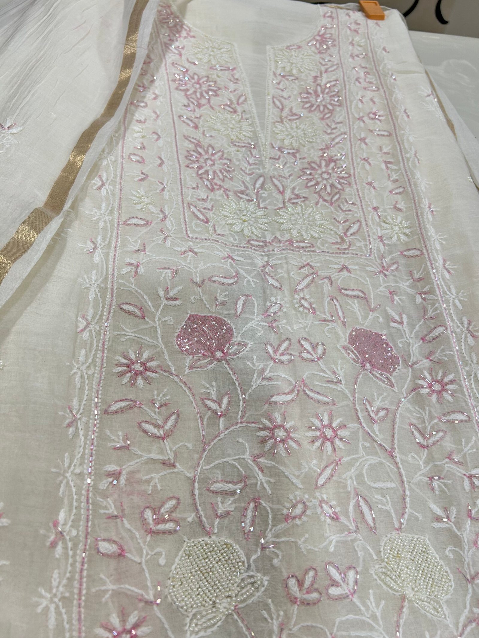 Pure Mul Chanderi Kurta Fabric and Dupatta Set. - Image 7