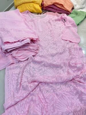 Baby Pink Viscose Georgette Kurti Suit Set.