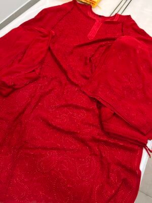 Red Viscose Georgette Kurti Suit set.